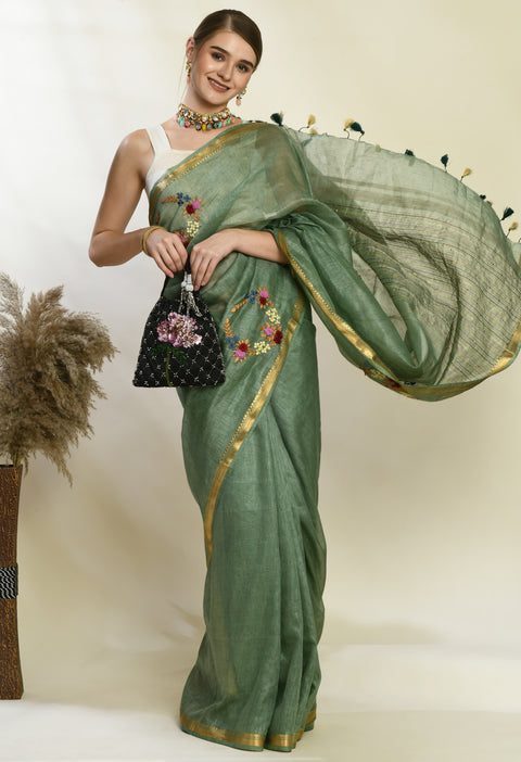 Moss Green Pure Handwoven Silk Linen Saree with Hand Embroidery
