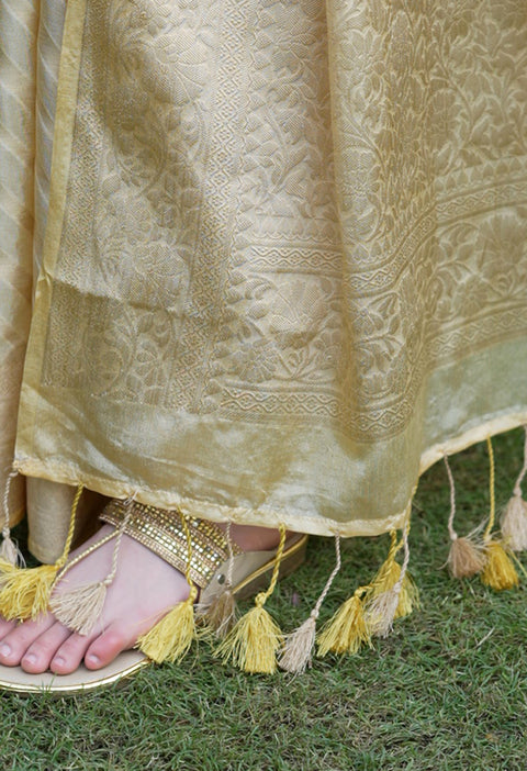 Beige Banarasi Kora Silk Saree with Copper Zari Stripes