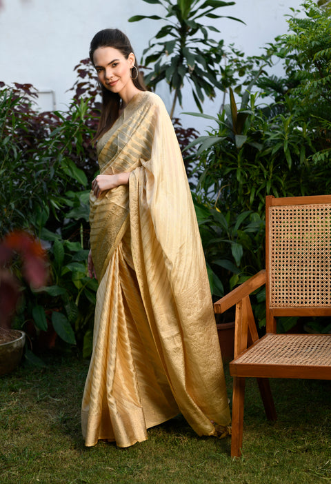 Beige Banarasi Kora Silk Saree with Copper Zari Stripes