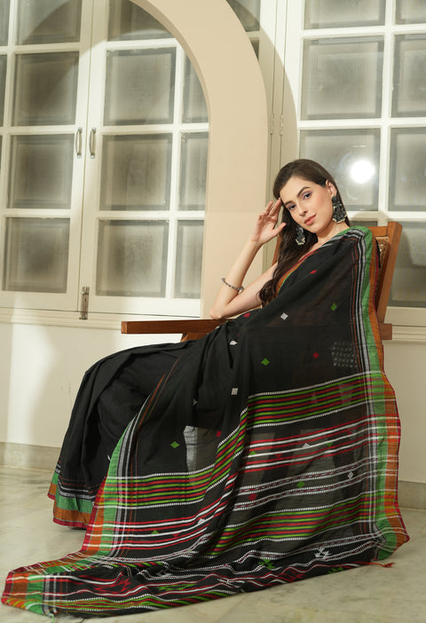 Black Cotton Handwoven Saree