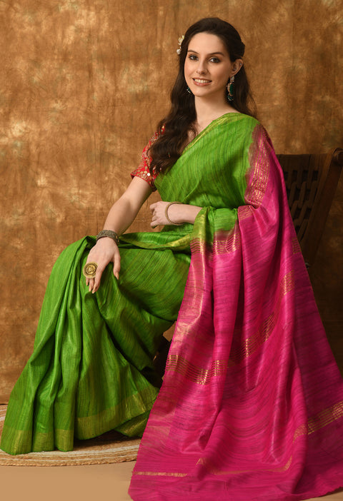 Lovebird Green Handwoven Pure Ghicha Tussar Silk Saree with Stripe Pallu