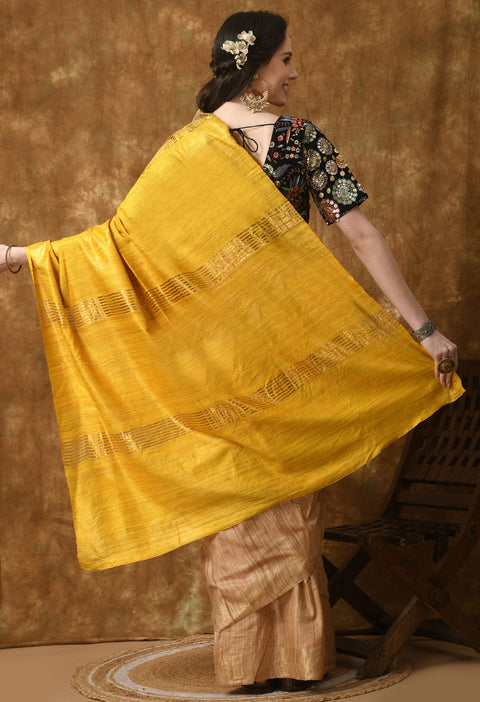 Myna Beige Handwoven Pure Ghicha Tussar Silk Saree with Stripe Pallu