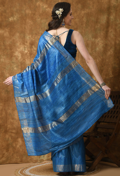 Blue Grosbeak Handwoven Pure Ghicha Tussar Silk Saree with Stripe Pallu