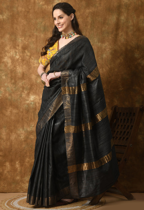 Cuckoo Black Handwoven Pure Ghicha Tussar Silk Saree with Stripe Pallu