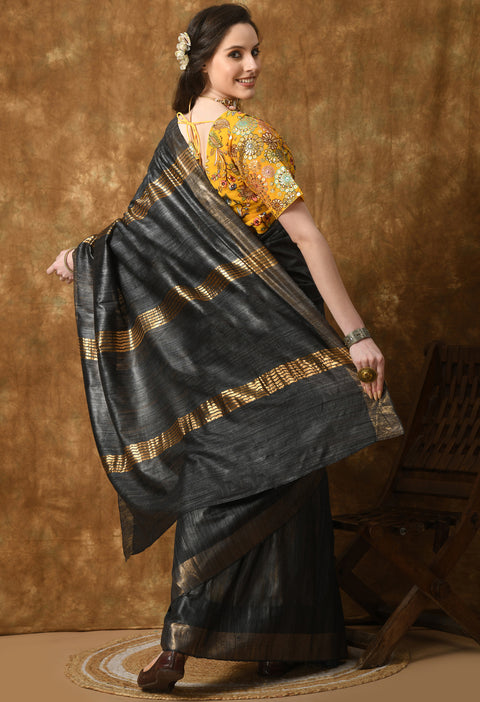 Cuckoo Black Handwoven Pure Ghicha Tussar Silk Saree with Stripe Pallu