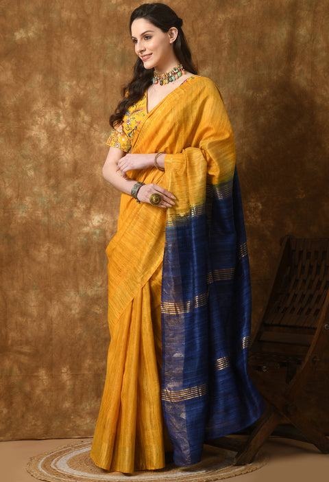 Blue and Yellow Macaw Handwoven Pure Ghicha Tussar Silk Saree with Stripe Pallu