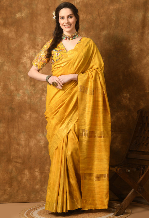 Canary Handwoven Pure Ghicha Tussar Silk Saree with Stripe Pallu