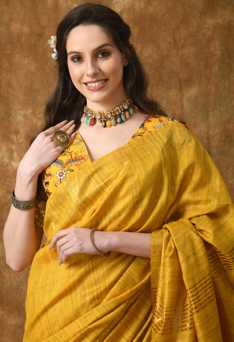 Canary Handwoven Pure Ghicha Tussar Silk Saree with Stripe Pallu