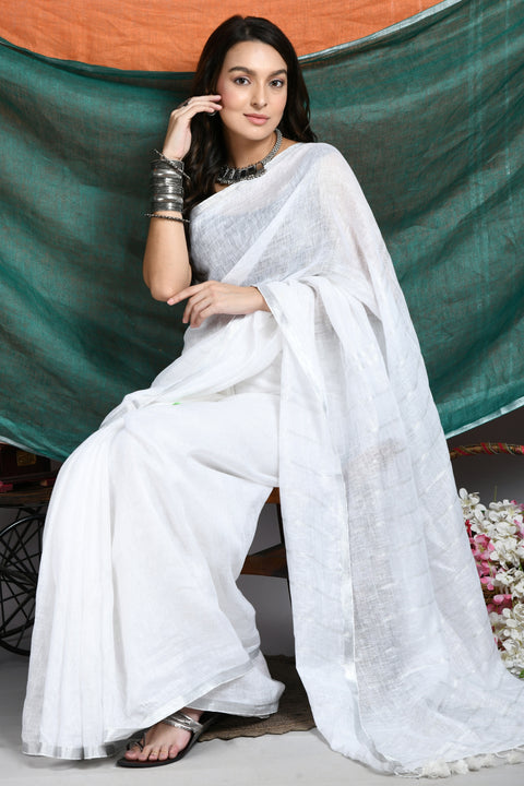 White Handwoven Linen Saree with silver handspun zari border and stripes on Pallu - Swapna Creation