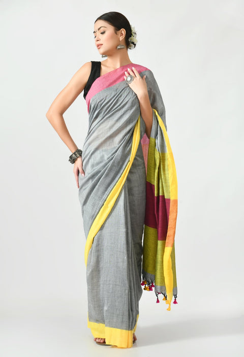 Grey Bengal Mal Cotton with Contrast pallu and Border Saree - Swapna Creation