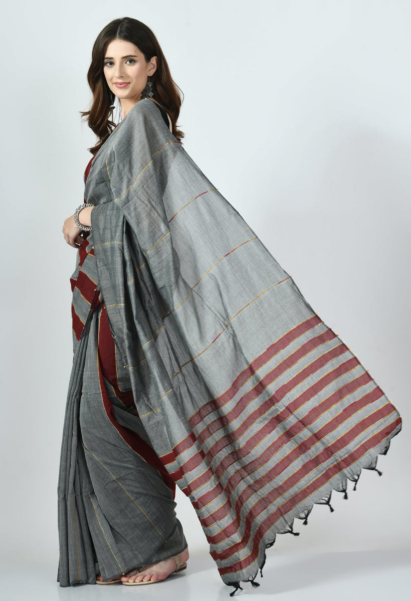 Khadi Khesh Cotton Saree With Maroon and Grey Stripe - Byhand I Indian  Ethnic Wear Online I Sustainable Fashion I Handmade Clothes