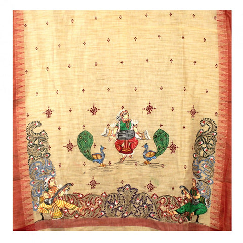 Hand-Painted Jute Silk Pattachitra Dupatta with Red Border - 15