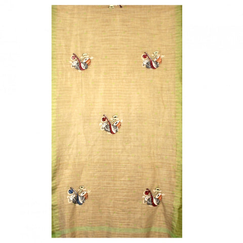 Hand-Painted Jute Silk Pattachitra Dupatta with Green Border - 6
