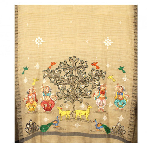 Hand-Painted Jute Silk Pattachitra Dupatta with Black Border - 2