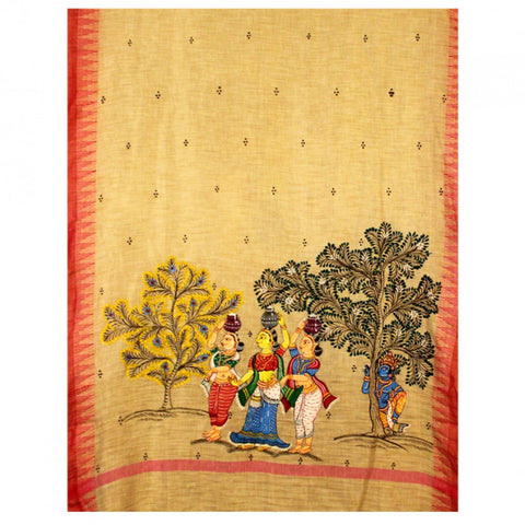 Hand-Painted Jute Silk Pattachitra Dupatta with Red Border - 10