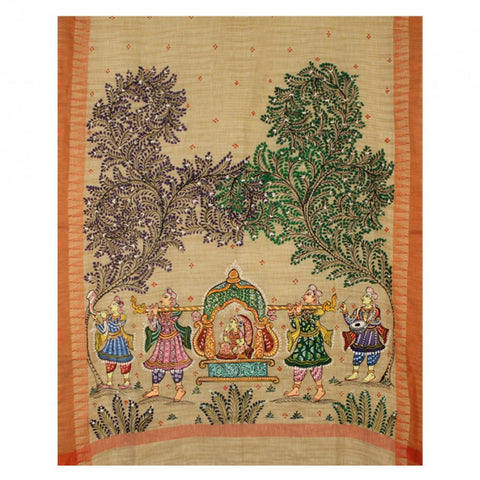 Hand-Painted Jute Silk Pattachitra Dupatta with Orange Border - 17