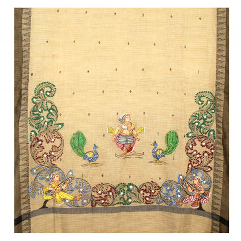 Hand-Painted Jute Silk Pattachitra Dupatta with Black Border - 8