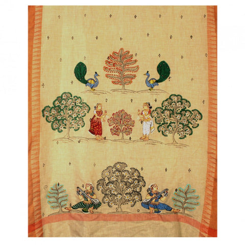Hand-Painted Jute Silk Pattachitra Dupatta with Orange Border - 7