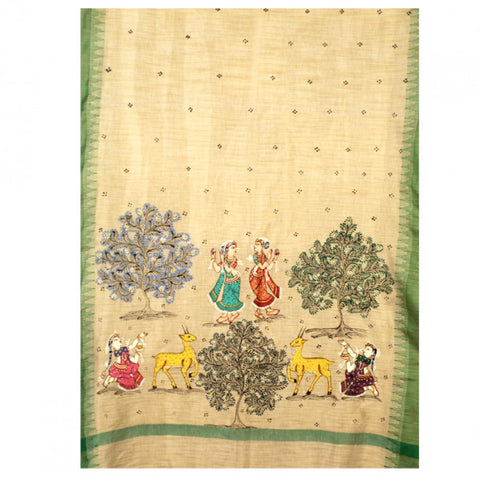 Hand-Painted Jute Silk Pattachitra Dupatta with Green Border - 16