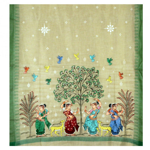 Hand-Painted Jute Silk Pattachitra Dupatta with Green Border - 3