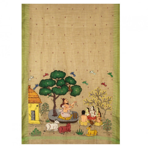Hand-Painted Jute Silk Pattachitra Dupatta with Green Border - 12