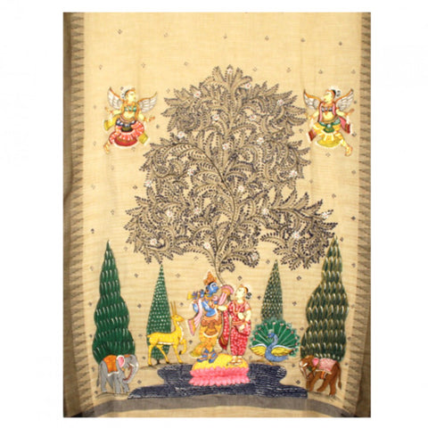 Hand-Painted Jute Silk Pattachitra Dupatta with Black Border - 4