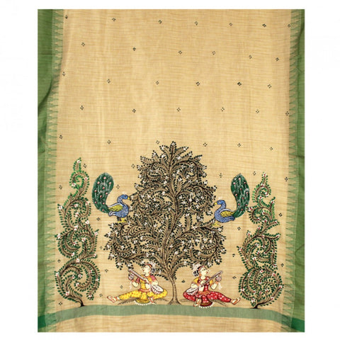 Hand-Painted Jute Silk Pattachitra Dupatta with Green Border - 14