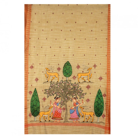 Hand-Painted Jute Silk Pattachitra Dupatta with Orange Border - 1