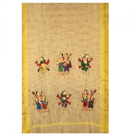 Hand-Painted Jute Silk Pattachitra Dupatta with Yellow Border - 13