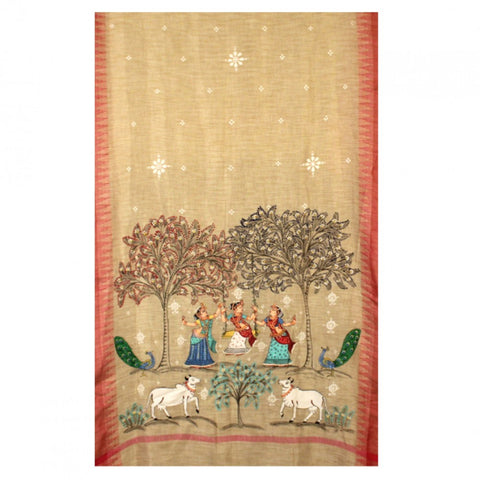 Hand-Painted Jute Silk Pattachitra Dupatta with Red Border - 11