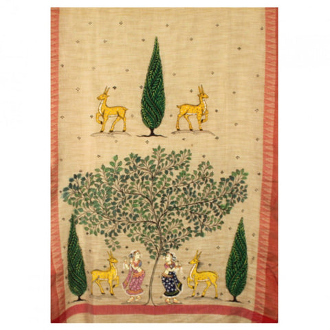 Hand-Painted Jute Silk Pattachitra Dupatta with Red Border - 5