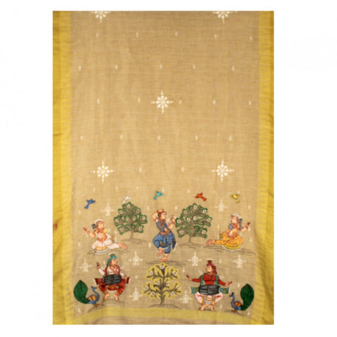 Hand-Painted Jute Silk Pattachitra Dupatta with Yellow Border - 9