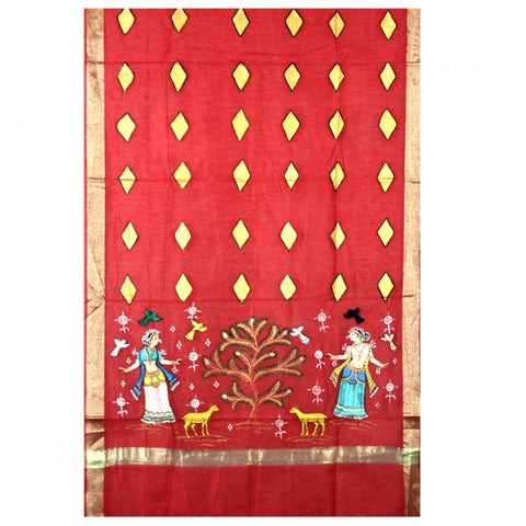 Red Art Silk Hand-Painted Pattachitra Dupatta - 1