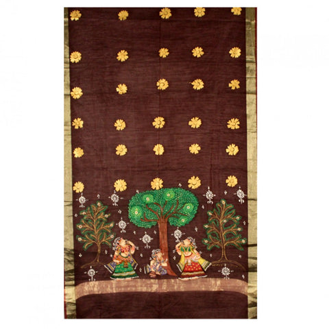 Dark Maroon Art Silk Hand-Painted Pattachitra Dupatta