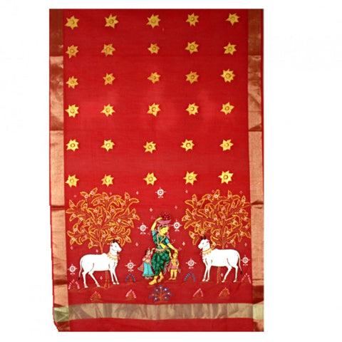 Red Art Silk Hand-Painted Pattachitra Dupatta - 2