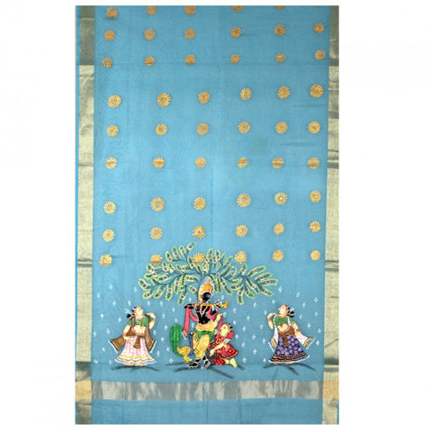 Blue Art Silk Hand-Painted Pattachitra Dupatta