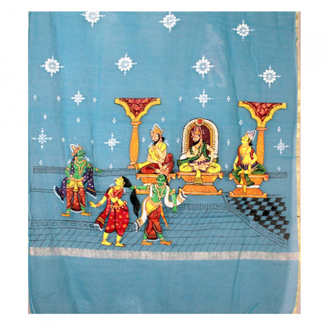 Blue Net Hand-Painted Pattachitra Dupatta