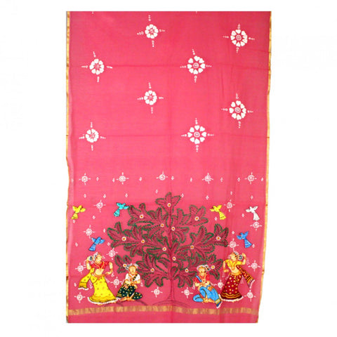Pink Net Hand-Painted Pattachitra Dupatta