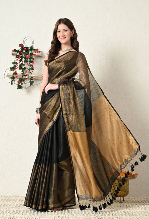 Handwoven Pure Linen Saree with Copper Zari - Black