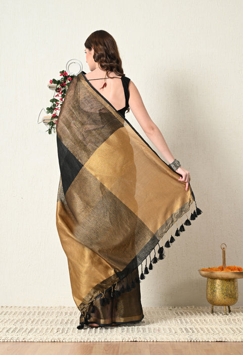 Handwoven Pure Linen Saree with Copper Zari - Black