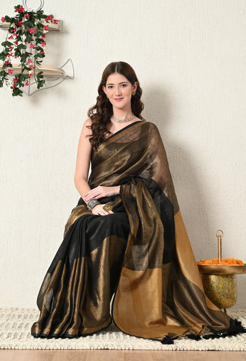 Handwoven Pure Linen Saree with Copper Zari - Black