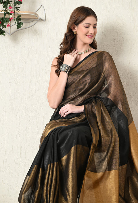 Handwoven Pure Linen Saree with Copper Zari - Black