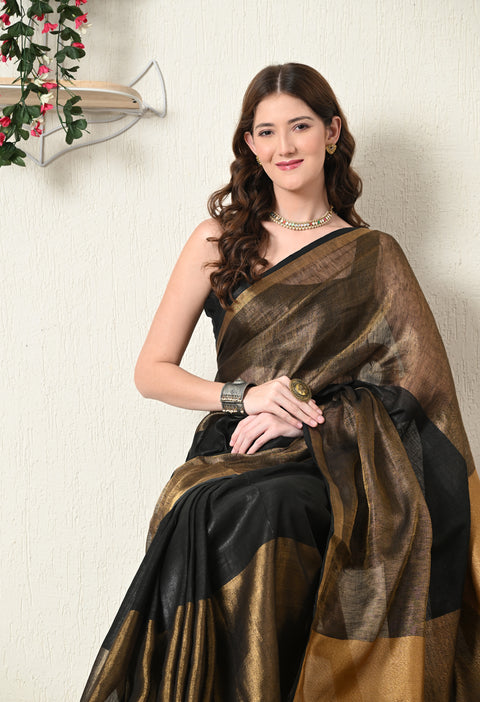 Handwoven Pure Linen Saree with Copper Zari - Black