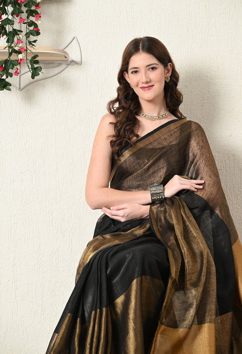 Handwoven Pure Linen Saree with Copper Zari - Black