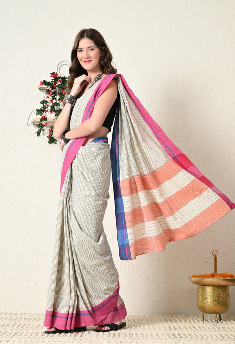 Mahika Handwoven Patteda Anchu  Cotton Checked Saree - Off White