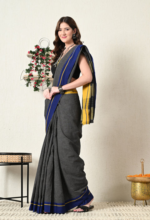 Myra Handwoven Patteda Anchu   Cotton Checked Saree - Black