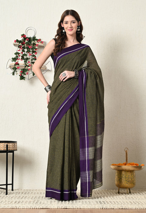 Nitara Handwoven Patteda Anchu   Cotton Checked Saree - Mustard Yellow