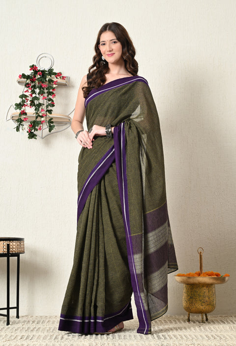 Nitara Handwoven Patteda Anchu   Cotton Checked Saree - Mustard Yellow