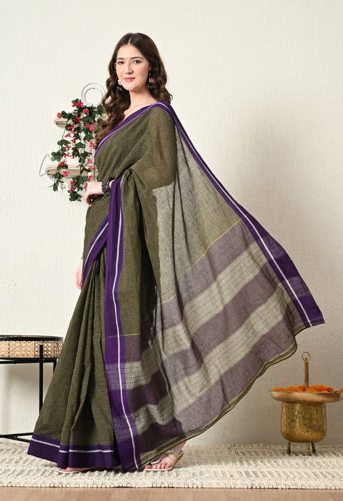 Nitara Handwoven Patteda Anchu   Cotton Checked Saree - Mustard Yellow