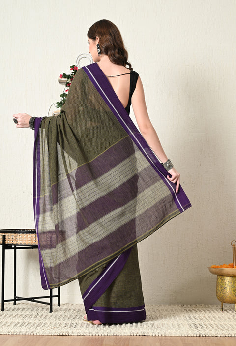 Nitara Handwoven Patteda Anchu   Cotton Checked Saree - Mustard Yellow